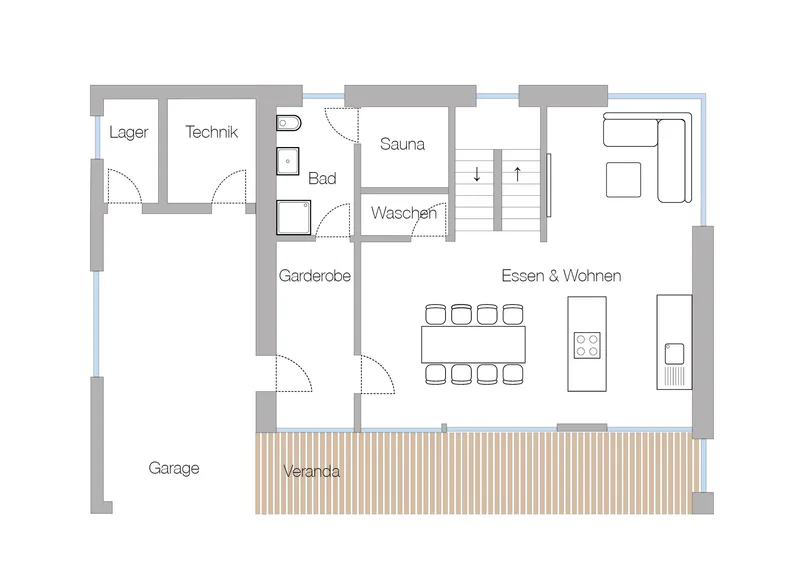 Grundriss Erdgeschoss: Essen und Wohnen, Küche, Bad, Sauna, Veranda
